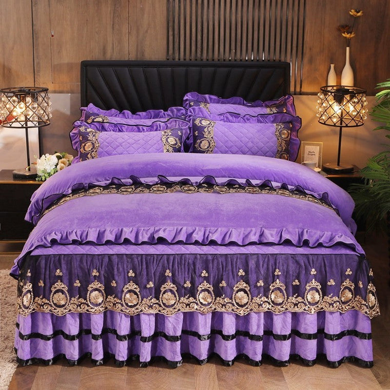 Luxury Lace Bedskirt with Pillowcases - Purple / A1 - Bedding Set