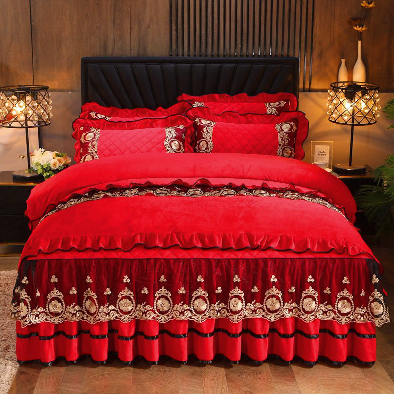 Luxury Lace Bedskirt with Pillowcases - Red / A1 - Bedding Set