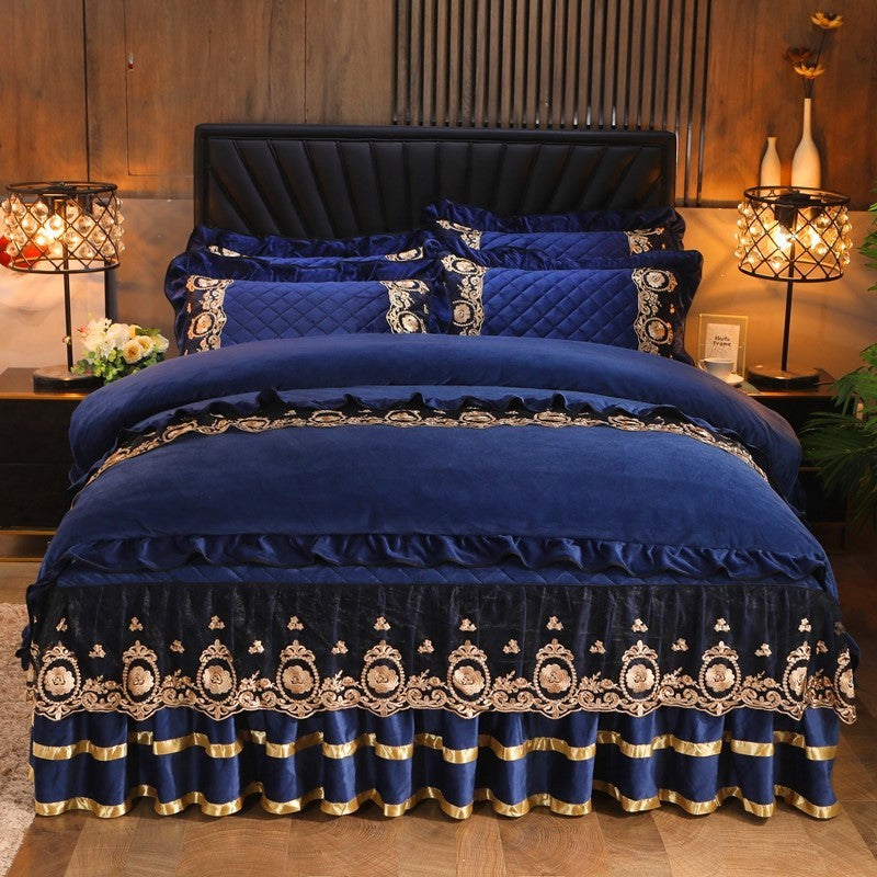 Luxury Lace Bedskirt with Pillowcases - Sapphire blue / A1 - Bedding Set