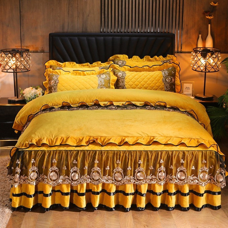 Luxury Lace Bedskirt with Pillowcases - Yellow / A1 - Bedding Set