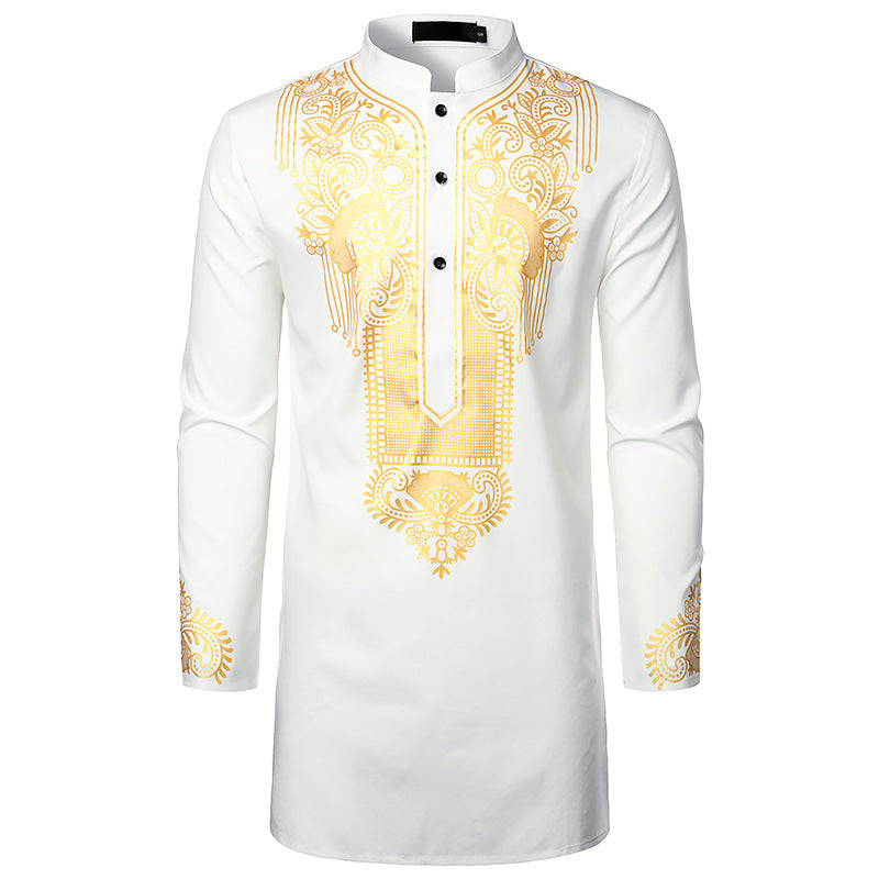 Men’s African Printed Long Shirt - White / 2XL - Men’s Robe
