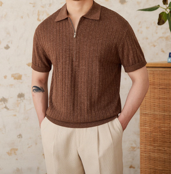Men’s Linen Blend Lapel Zipper Stripe Short Sleeve T-shirt - Brown / 2XL - Men’s shirt