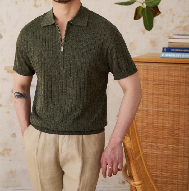 Men’s Linen Blend Lapel Zipper Stripe Short Sleeve T-shirt - GREEN / 2XL - Men’s shirt