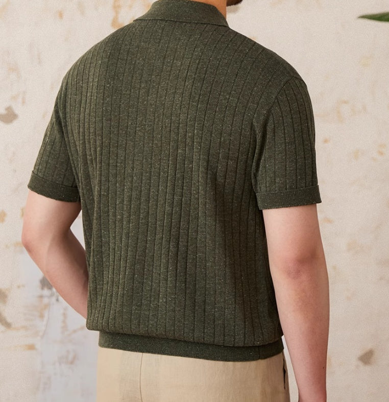 Men’s Linen Blend Lapel Zipper Stripe Short Sleeve T-shirt - Men’s shirt
