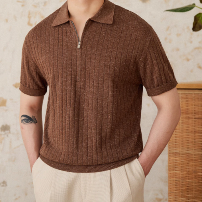 Men’s Linen Blend Lapel Zipper Stripe Short Sleeve T-shirt - Men’s shirt