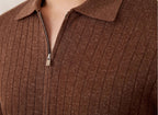 Men’s Linen Blend Lapel Zipper Stripe Short Sleeve T-shirt - Men’s shirt