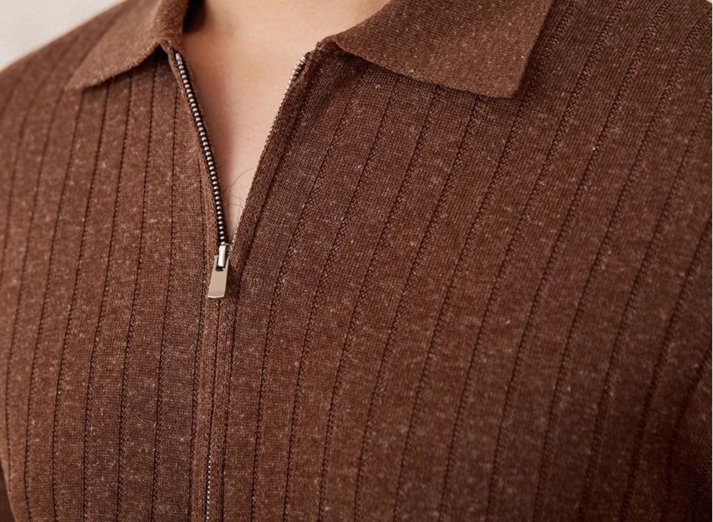 Men’s Linen Blend Lapel Zipper Stripe Short Sleeve T-shirt - Men’s shirt