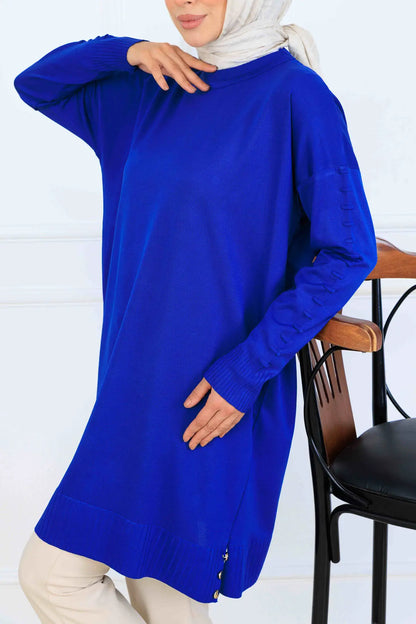 Mercerized Tunic With Patterned Sleeves | Sax Blue – NEOMODEST, image 3