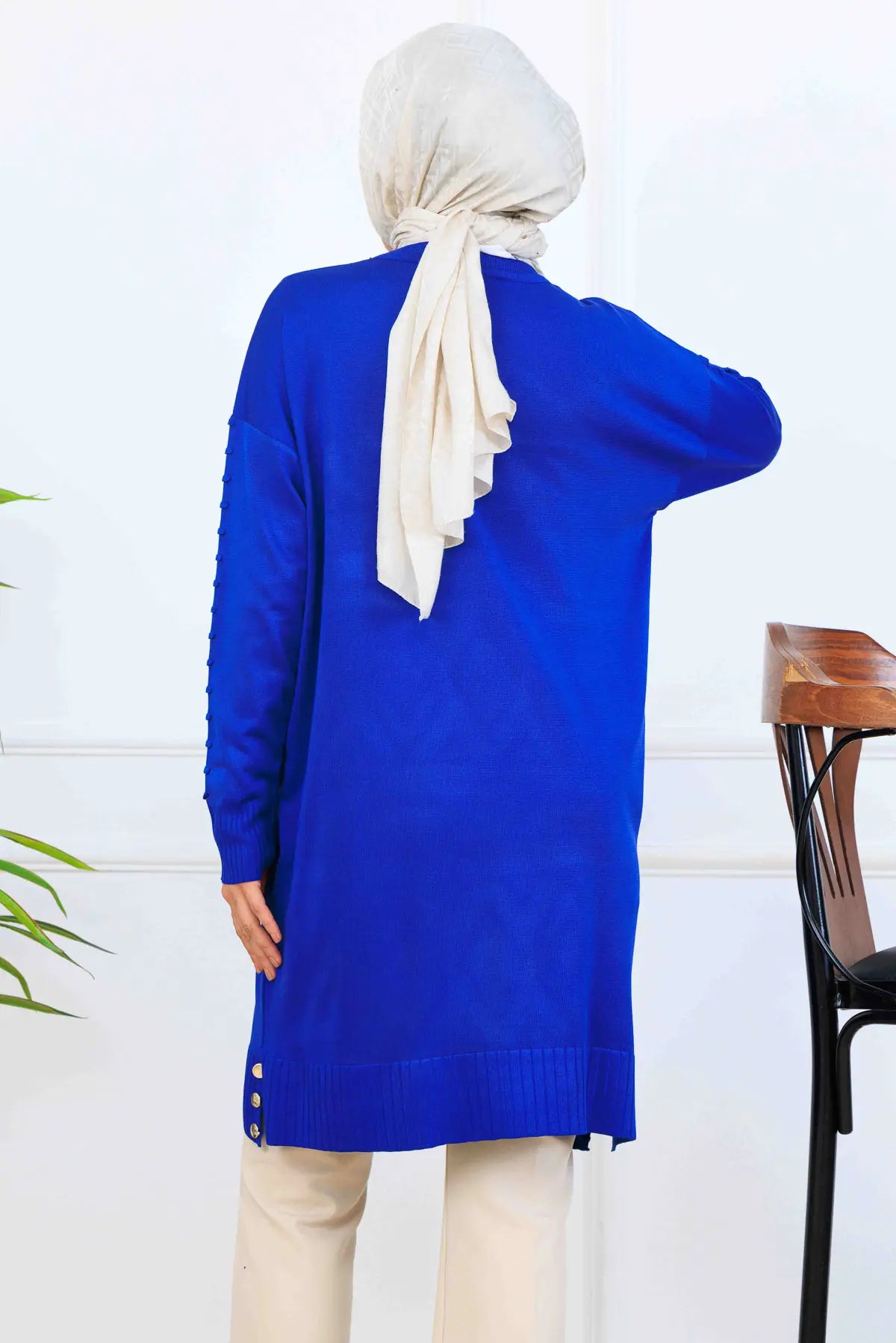 Mercerized Tunic With Patterned Sleeves | Sax Blue – NEOMODEST, image 4