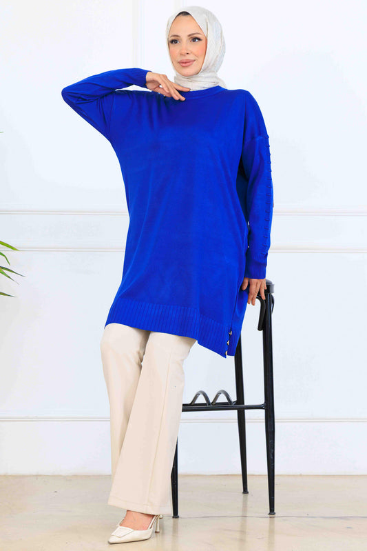 Mercerized Tunic With Patterned Sleeves | Sax Blue – NEOMODEST, image 1