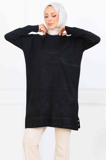 Mercerized Tunic With Patterned Sleeves | Black – NEOMODEST, image 3