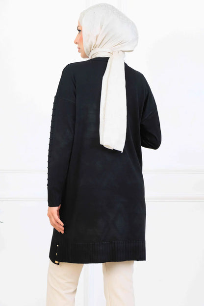 Mercerized Tunic With Patterned Sleeves | Black – NEOMODEST, image 4