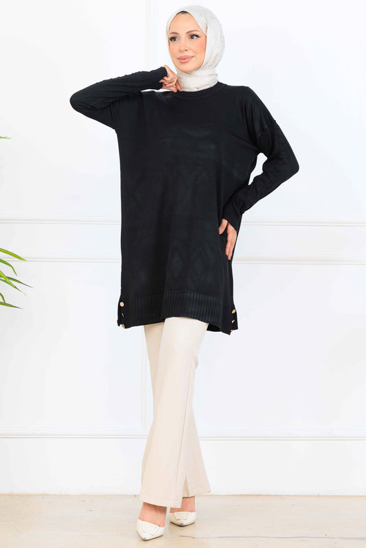 Mercerized Tunic With Patterned Sleeves | Black – NEOMODEST, image 1