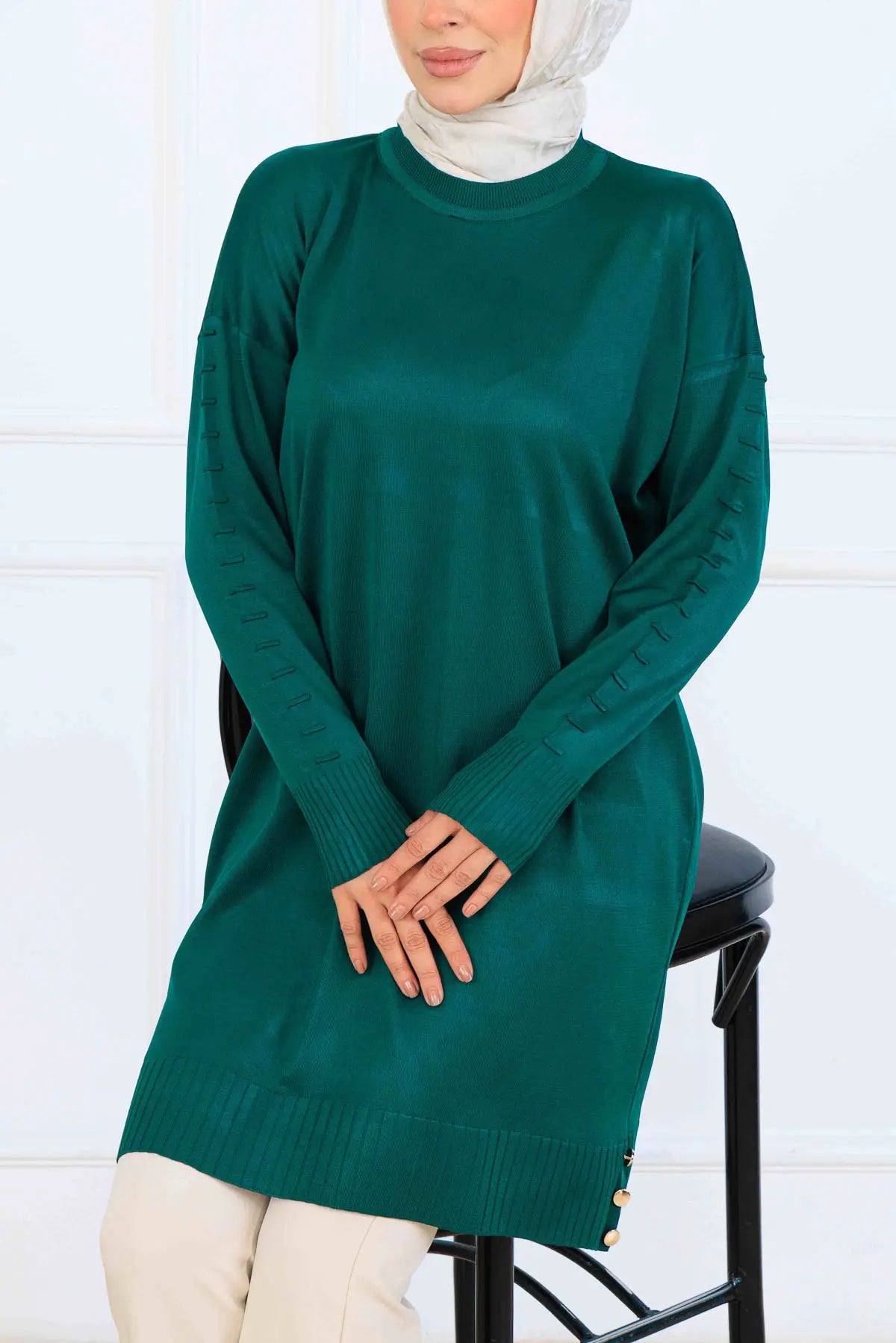 Mercerized Tunic With Patterned Sleeves | Petroleum Blue – NEOMODEST, image 2