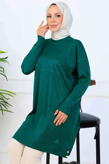 Mercerized Tunic With Patterned Sleeves | Petroleum Blue – NEOMODEST, image 3