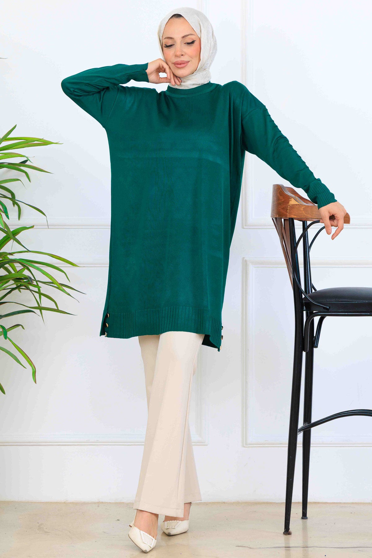 Mercerized Tunic With Patterned Sleeves | Petroleum Blue – NEOMODEST, image 1