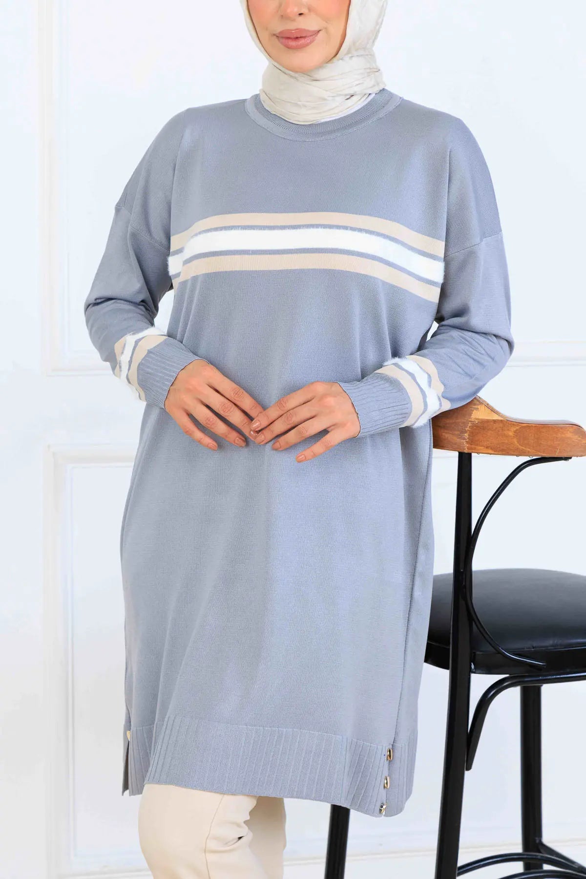 Mercerized Tunic With Stripe Detail | Grey – NEOMODEST, image 2
