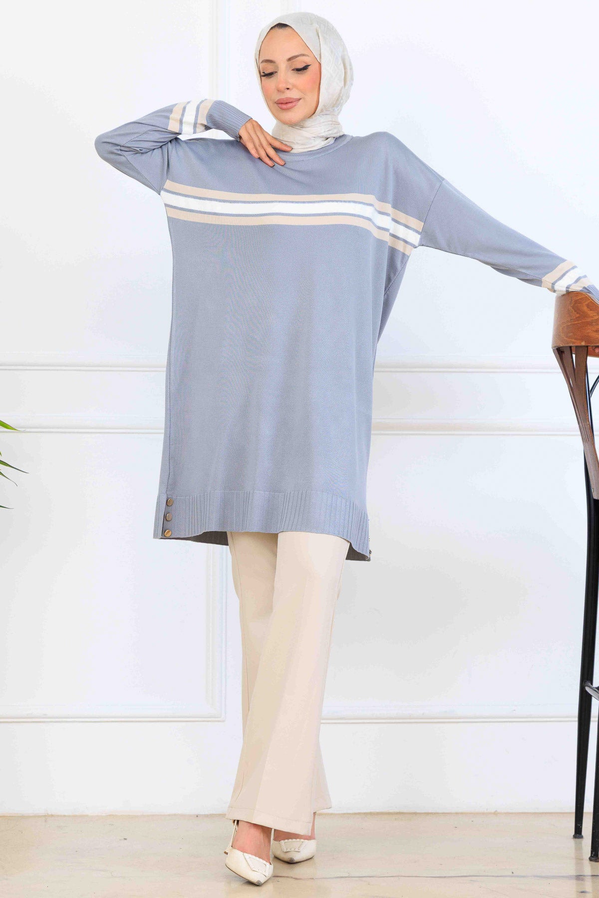 Mercerized Tunic With Stripe Detail | Grey – NEOMODEST, image 1