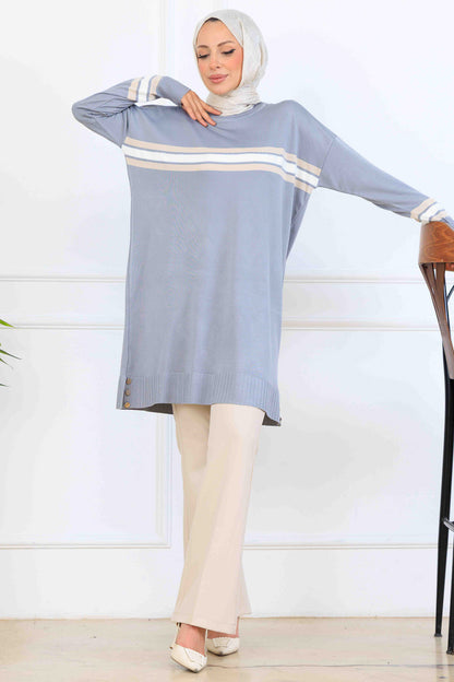 Mercerized Tunic With Stripe Detail | Grey – NEOMODEST, image 1