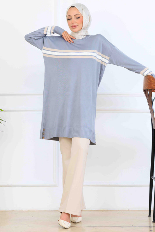 Mercerized Tunic With Stripe Detail | Grey – NEOMODEST, image 1