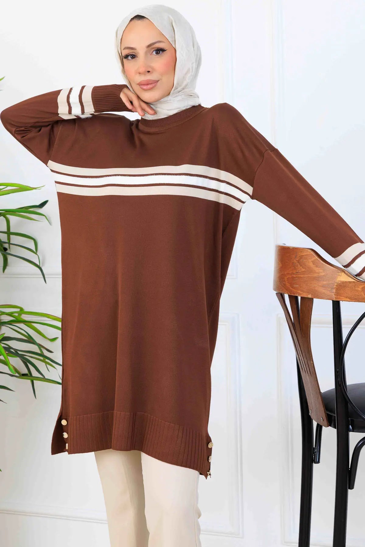 Mercerized Tunic With Stripe Detail | Brown – NEOMODEST, image 2