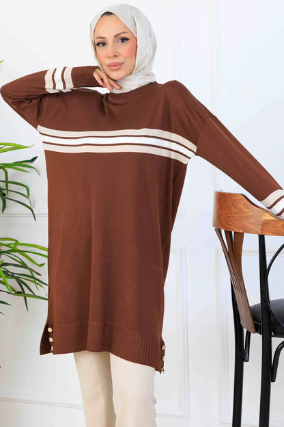 Mercerized Tunic With Stripe Detail | Brown – NEOMODEST, image 2
