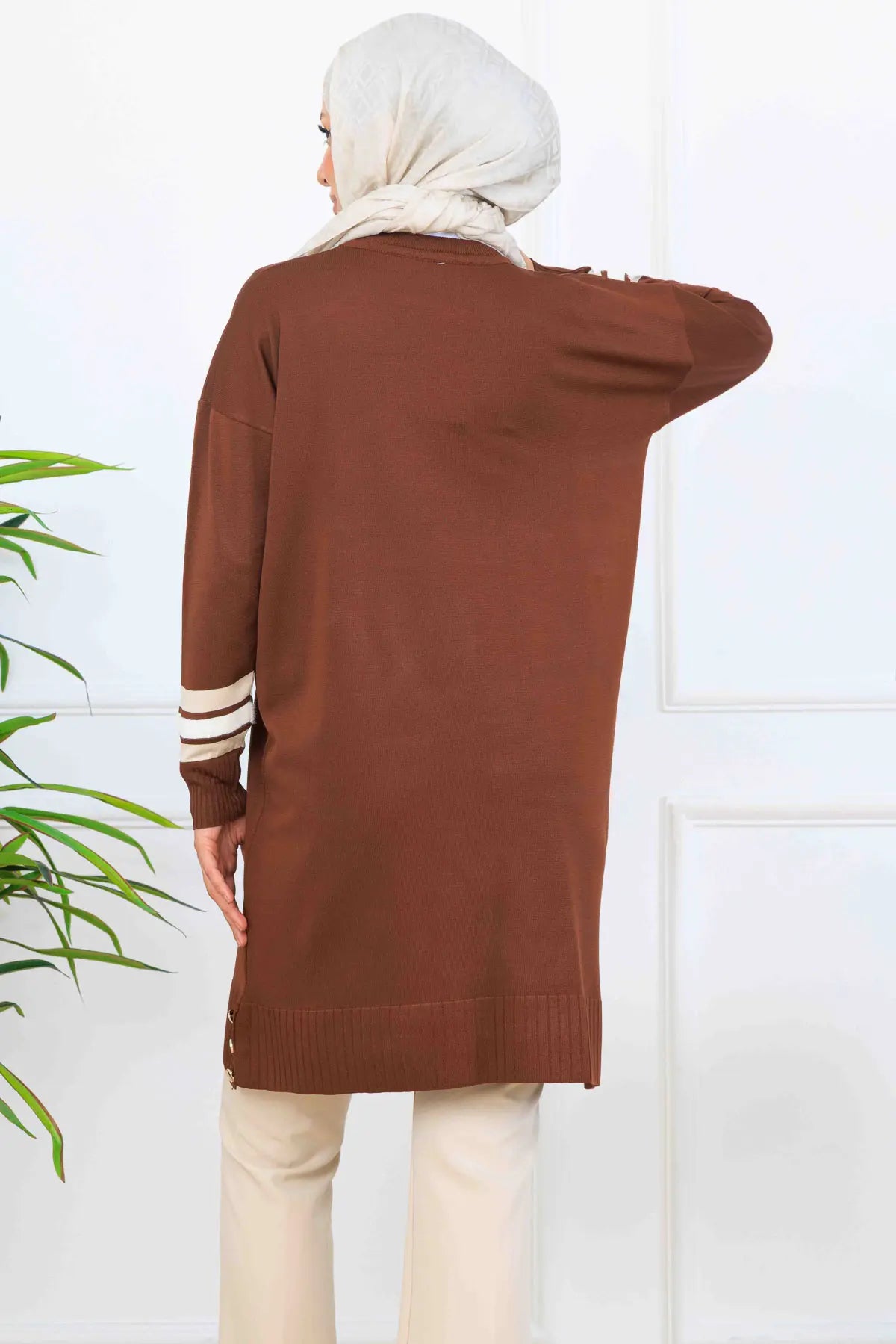 Mercerized Tunic With Stripe Detail | Brown – NEOMODEST, image 4