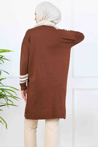 Mercerized Tunic With Stripe Detail | Brown – NEOMODEST, image 4