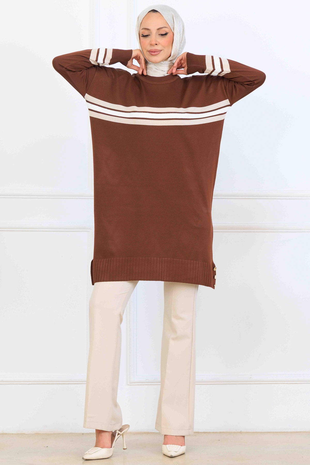 Mercerized Tunic With Stripe Detail | Brown – NEOMODEST, image 1