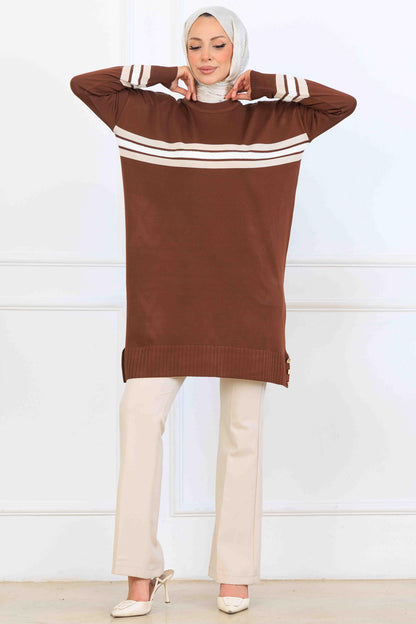 Mercerized Tunic With Stripe Detail | Brown – NEOMODEST, image 1