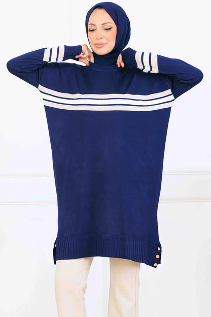 Mercerized Tunic With Stripe Detail | Navy Blue – NEOMODEST, image 2
