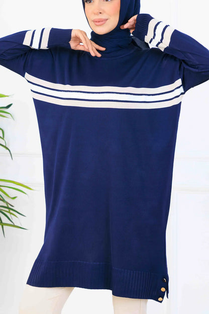 Mercerized Tunic With Stripe Detail | Navy Blue – NEOMODEST, image 3