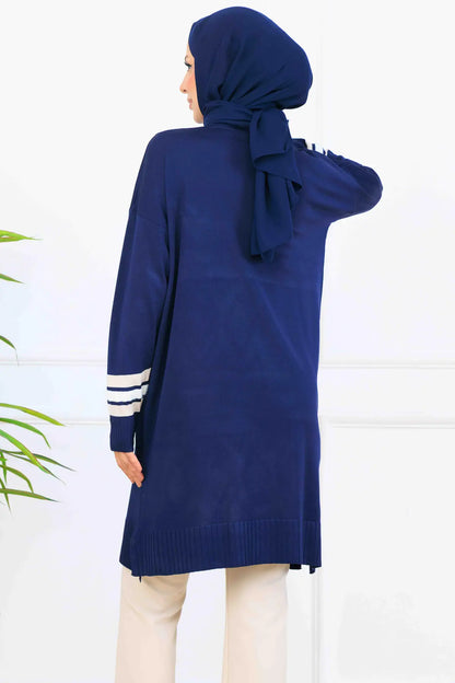 Mercerized Tunic With Stripe Detail | Navy Blue – NEOMODEST, image 4
