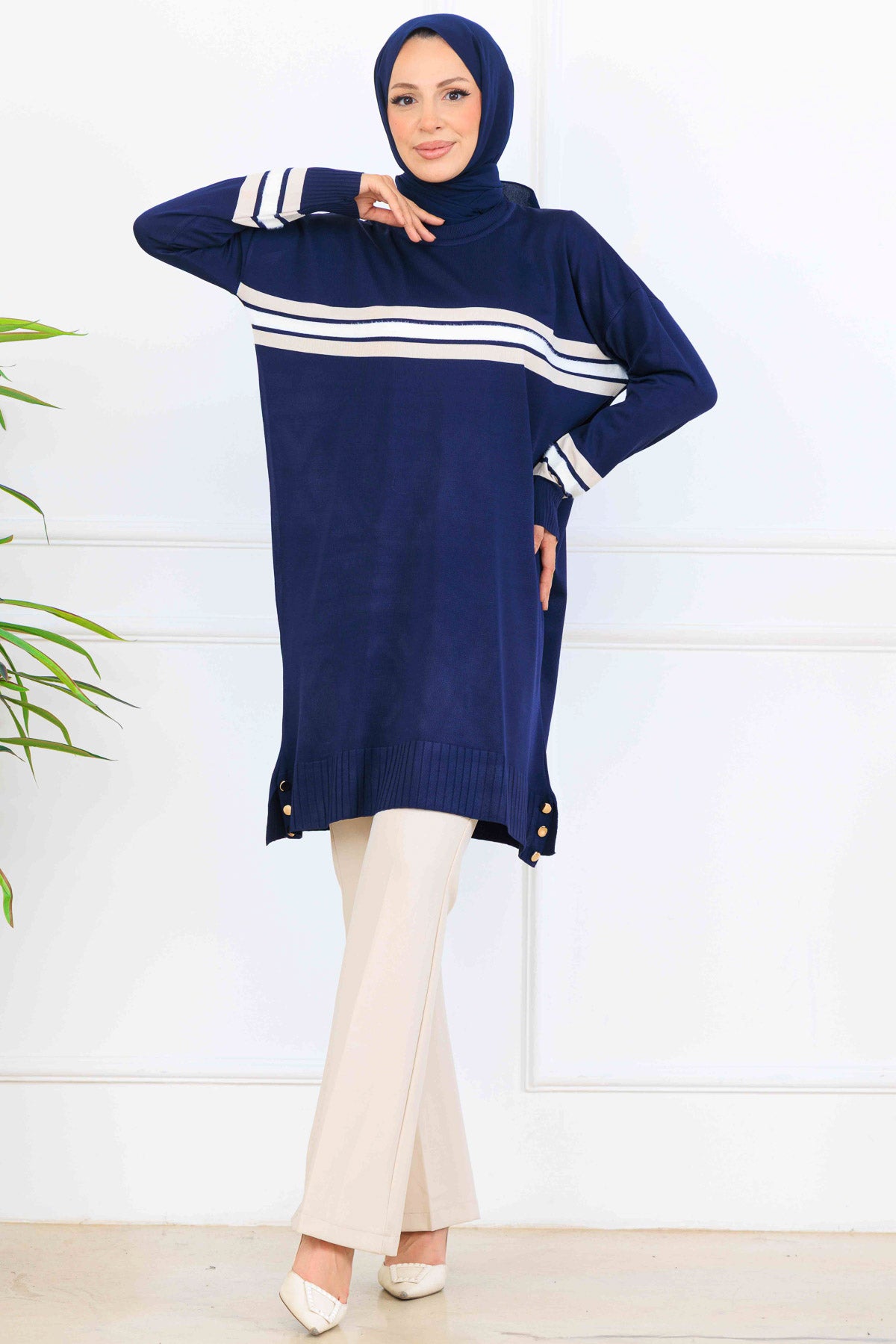 Mercerized Tunic With Stripe Detail | Navy Blue – NEOMODEST, image 1