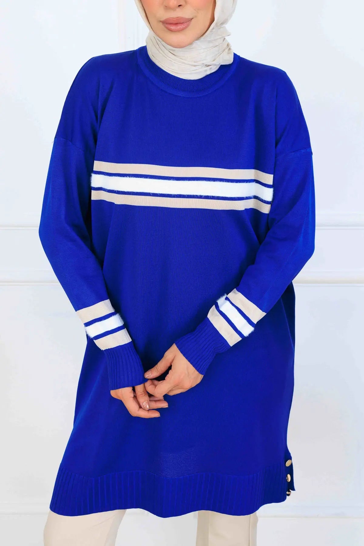 Mercerized Tunic With Stripe Detail | Sax Blue – NEOMODEST, image 3