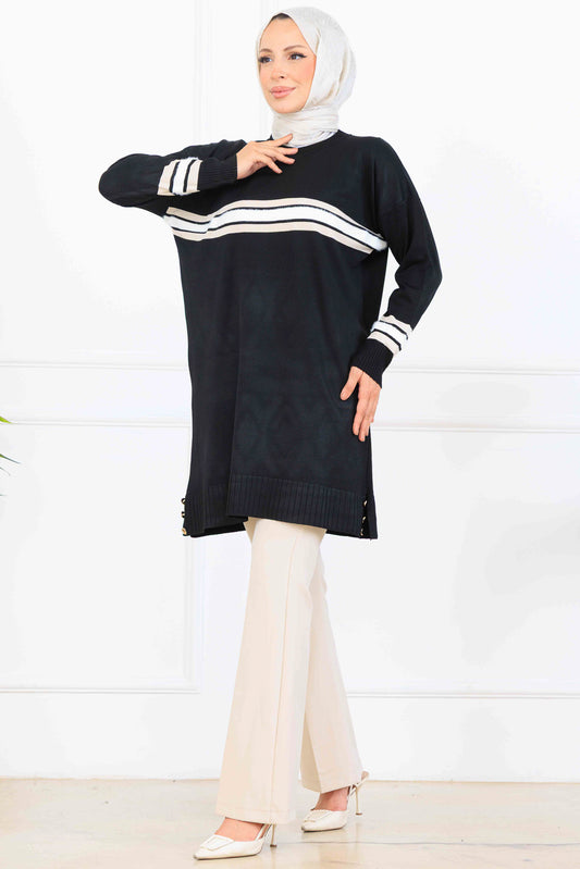 Mercerized Tunic With Stripe Detail | Black – NEOMODEST, image 1