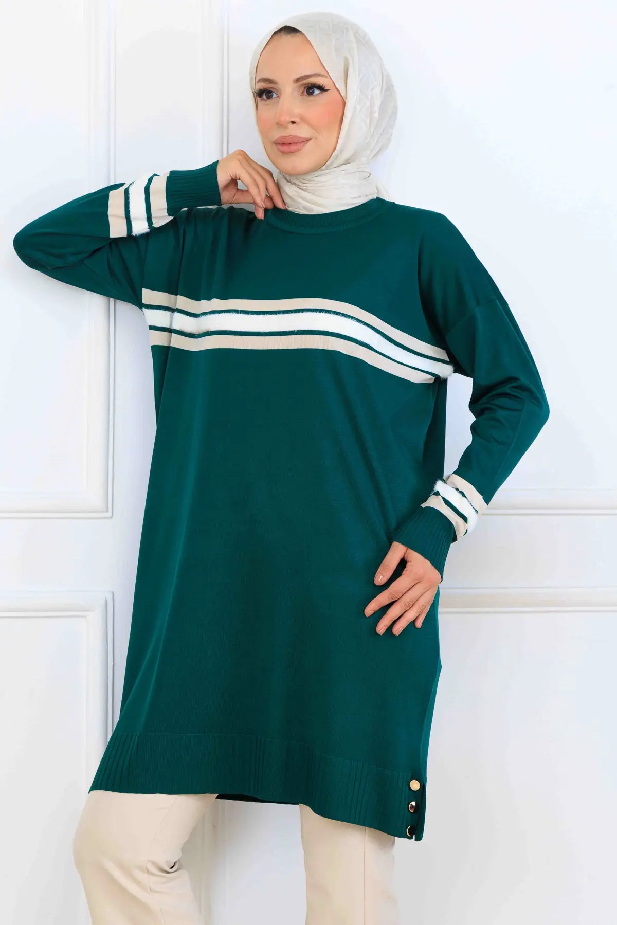 Mercerized Tunic With Stripe Detail | Petroleum Blue – NEOMODEST, image 2