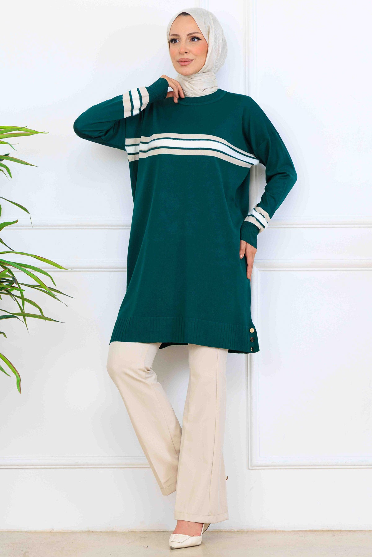 Mercerized Tunic With Stripe Detail | Petroleum Blue – NEOMODEST, image 1