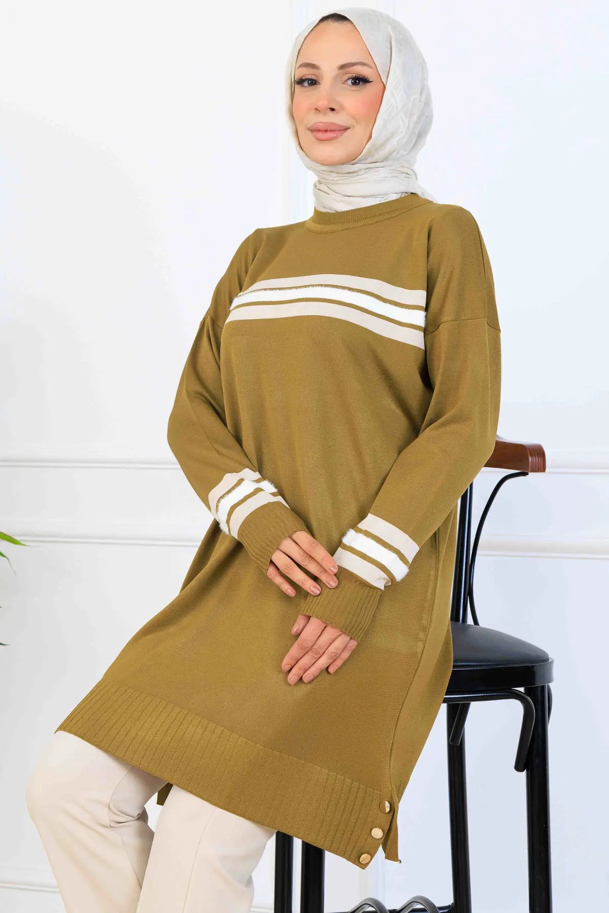 Mercerized Tunic With Stripe Detail | OİL GREEN – NEOMODEST, image 2