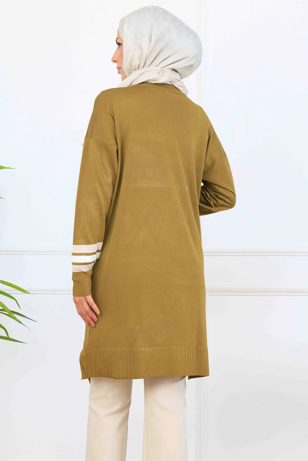 Mercerized Tunic With Stripe Detail | OİL GREEN – NEOMODEST, image 4