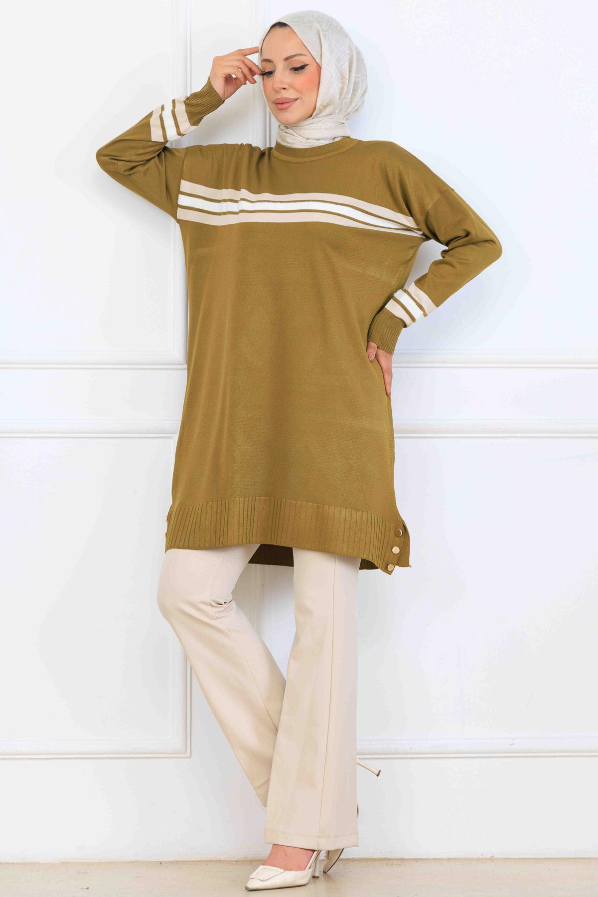 Mercerized Tunic With Stripe Detail | OİL GREEN – NEOMODEST, image 1