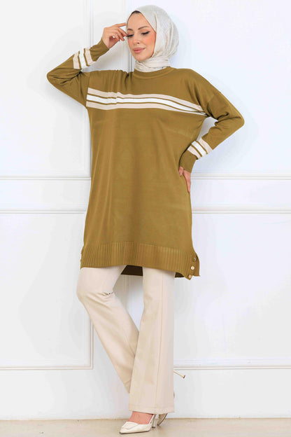 Mercerized Tunic With Stripe Detail | OİL GREEN – NEOMODEST, image 1