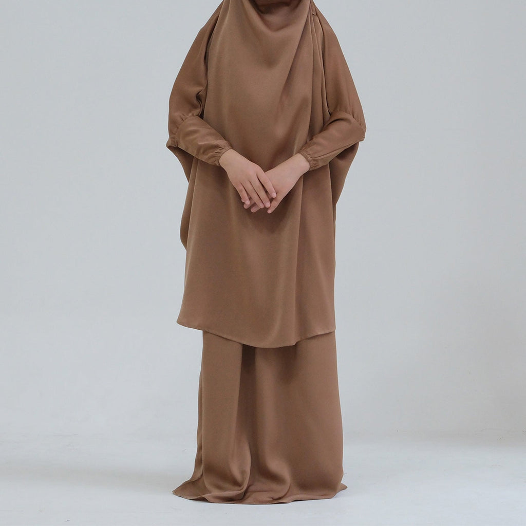 Middle Eastern Big Swing Solid Colour Children’s Prayer Dress Kids’ Abaya Set Girls’ Prayer Dress - COFFEE / Code 1