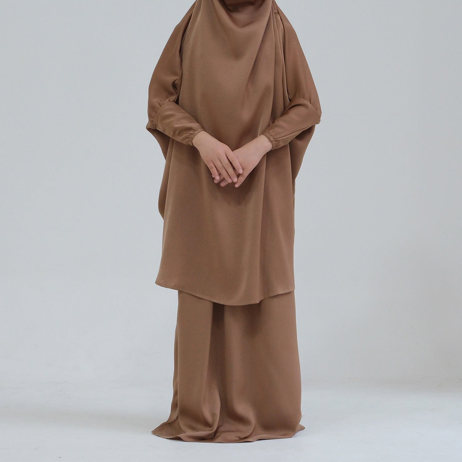 Middle Eastern Big Swing Solid Colour Children’s Prayer Dress Kids’ Abaya Set Girls’ Prayer Dress - COFFEE / Code 1