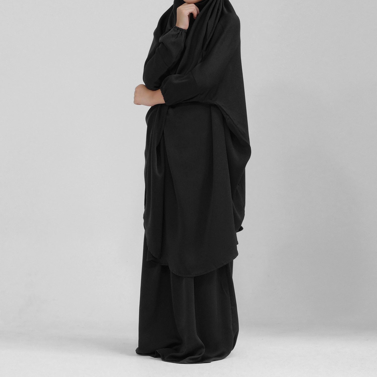 Middle Eastern Big Swing Solid Colour Children’s Prayer Dress Kids’ Abaya Set Girls’ Prayer Dress - Black / Two yards