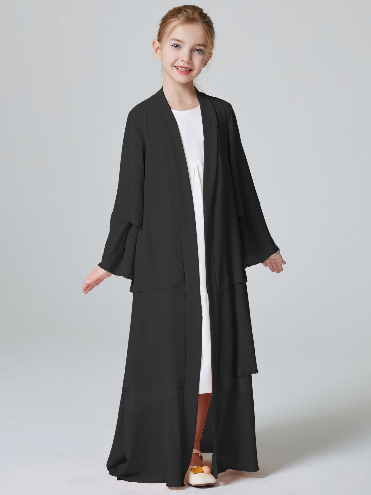 Middle Eastern Kids’ Abaya Children’s Three-layer Chiffon Abaya Cape - Black (coat) / 140cm (9-10Y) - Kids’ abaya