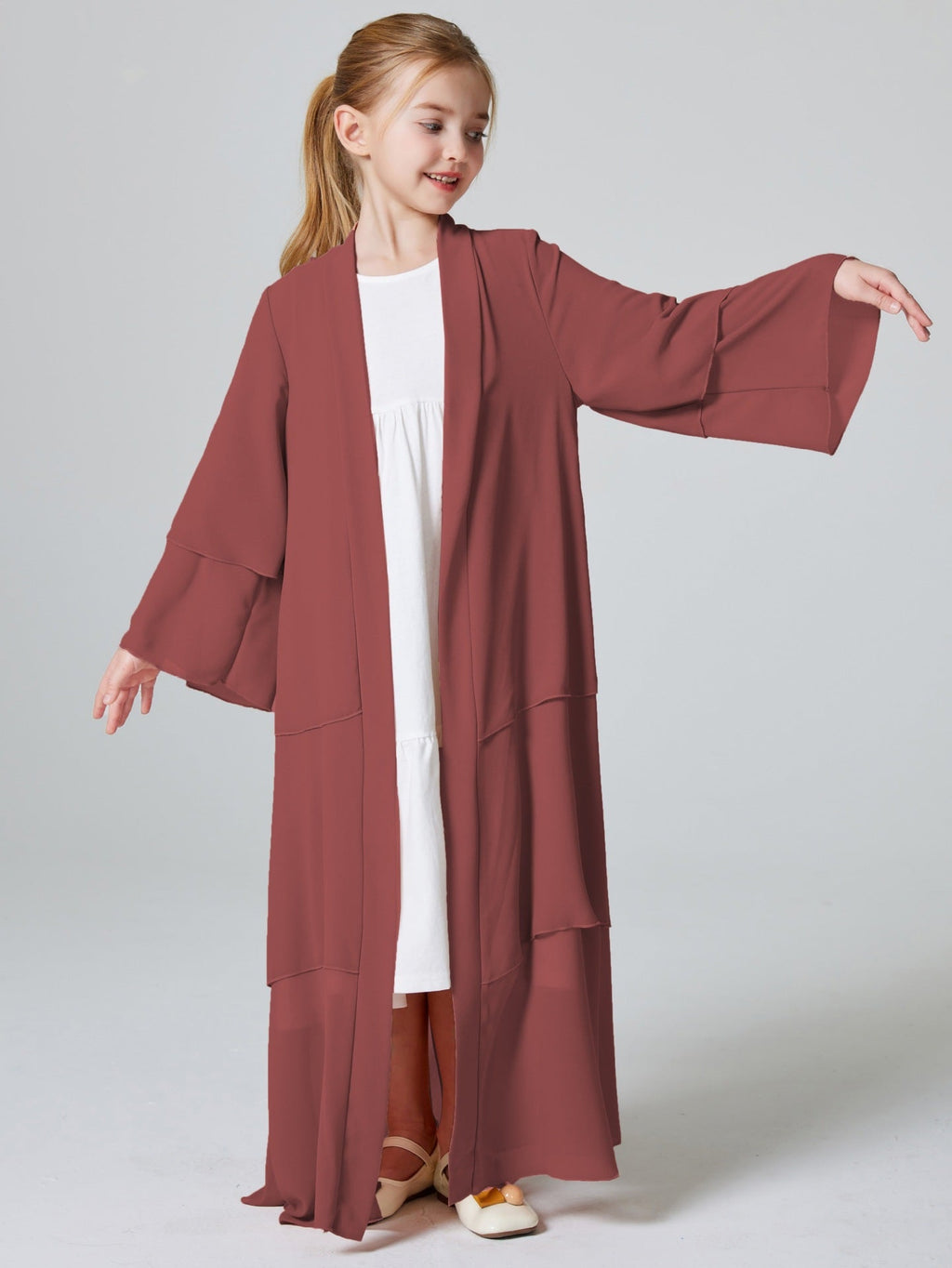 Middle Eastern Kids’ Abaya Children’s Three-layer Chiffon Abaya Cape - Brick red (coat) / 140cm (9-10Y) - Kids’ abaya