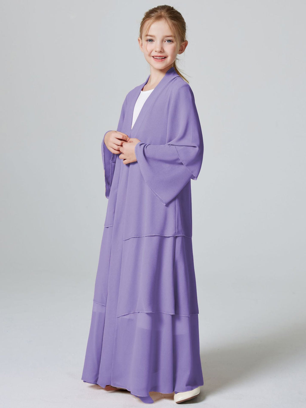 Middle Eastern Kids’ Abaya Children’s Three-layer Chiffon Abaya Cape - Light purple (coat) / 120cm (5-6Y) - Kids’ abaya