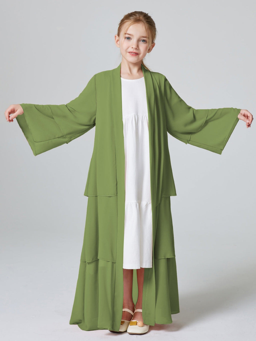 Middle Eastern Kids’ Abaya Children’s Three-layer Chiffon Abaya Cape - Light green (coat) / 110cm (4-5Y) - Kids’ abaya