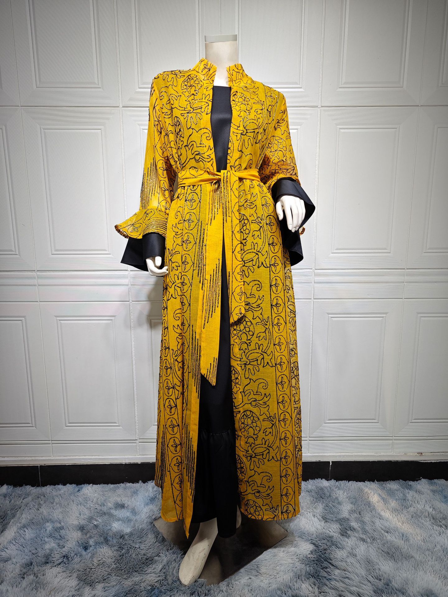 Middle Eastern Muslim Women’s Evening Cape Ruffle Sleeve Two-pieces Suit Dress - Orange / L - 2-pieces set